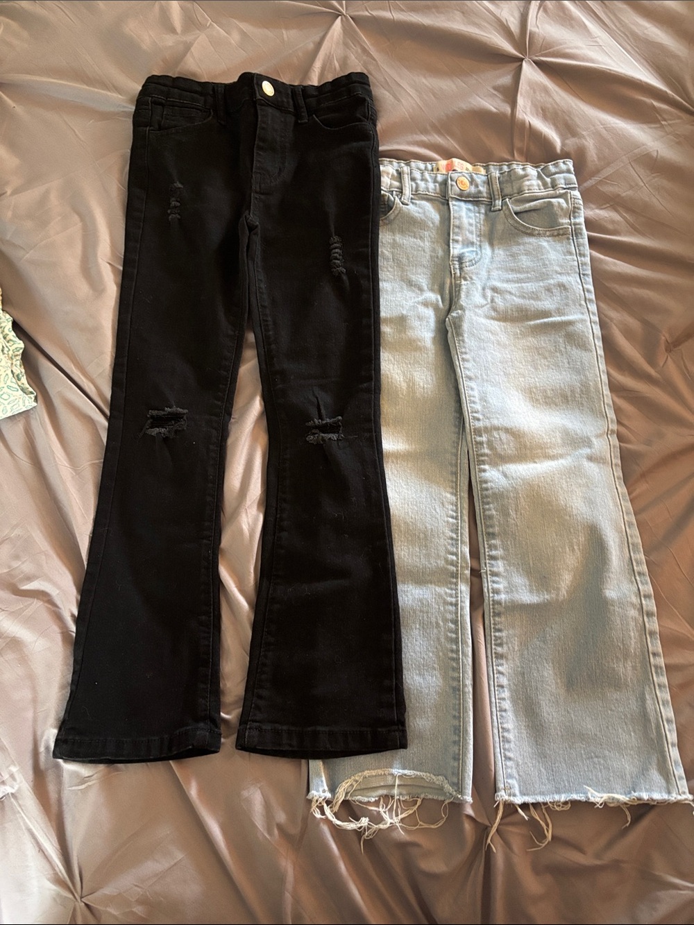 Girl’s Jeans Duo — Black Distressed Flare & Light Blue Raw Hem Straight Leg